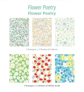 Flat lay of Flower Poetry decorative scrapbooking papers with various floral patterns
