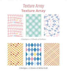 Detailed grid of grid and wave pattern scrapbooking papers in vellum and kraft paper