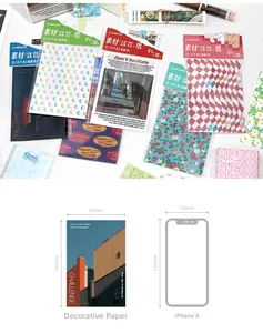 Detail showing 140x95mm aesthetic decorative paper packs with iPhone X size reference