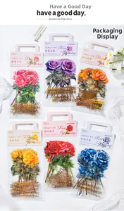Macro shot of 30pcs transparent rose stickers with gold foil details in 6 floral colors