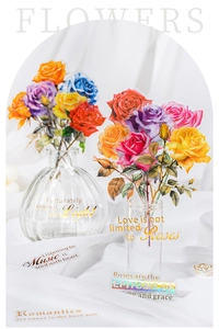 Close-up of vintage large rose stickers and artistic quotes on a white fabric background