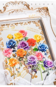 Detail of rose workshop stickers with gold foil accents and vintage floral design