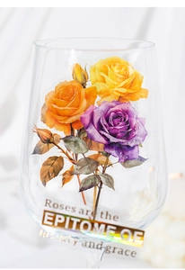 Detail of high-transparency glass cup featuring realistic rose prints and gold text elements