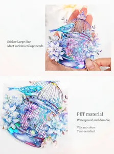 Detalle de pegatinas de PET impermeables con jaulas de pájaros y flores en láser