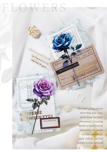 Detail showing vintage rose theme stickers with gold foil accents on white silk