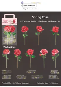 Detail of red rose PET stickers with laser gold foil for scrapbooking and decoration