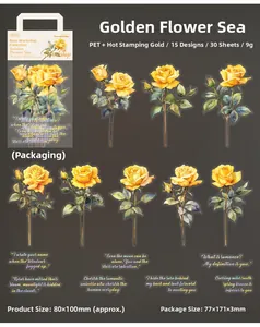 Detail of PET stickers featuring gold-stamped yellow roses for creative journaling decoration