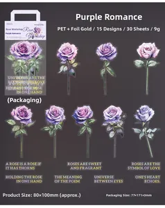 Detail of rose PET stickers with laser gold foil and purple floral patterns