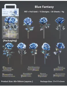 Detail of blue rose PET stickers with holographic gold foil and vintage typography