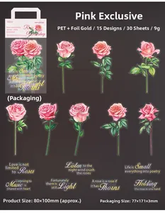 Detail of Rose Florist PET stickers with laser gold foil and pink flower illustrations