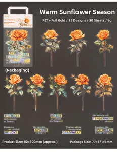 Macro shot of 30 retro orange rose PET stickers with laser gold foil for DIY journaling