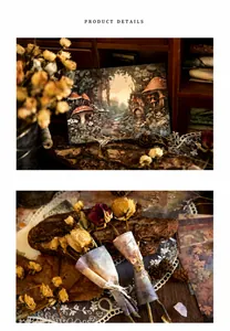 Detail of forest fairytale scrapbooking paper featuring mushroom and floral illustrations