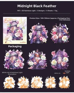 Detalle de pegatinas PET con jaula de pájaros iridiscente y motivos de flores y plumas