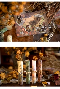 Macro detail of vintage forest scrapbooking paper with mushroom and owl illustrations