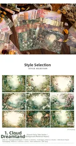 Macro view of Forest Fairy Tale vintage scrapbooking paper with dreamy nature illustrations