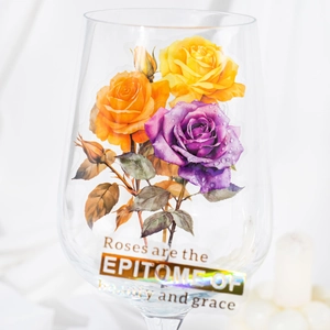 Transparent glass cup featuring elegant rose floral decals and artistic English lettering
