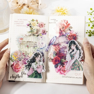 Pegatinas PET de jaula de pájaros y flores vintage para diario con acabado holográfico irisado
