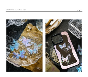 Gros plan d'autocollants papillons irisés pour collage DIY sur une coque de téléphone