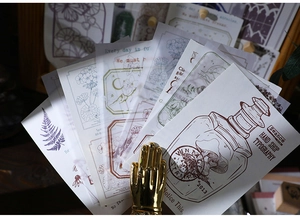 Détail de papier scrapbooking vintage avec motifs botaniques et étiquettes artistiques chic