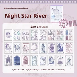 Catalogue détaillé montrant 24 motifs de papier vintage avec étoiles et lunes pour scrap