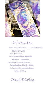 Dettaglio di nastro washi vintage viola con stelle dorate e specifiche tecniche