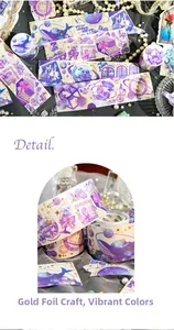 Dettaglio del nastro washi viola con lamina d'oro, motivi di stelle e balene
