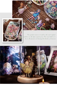 Dettaglio macro di adesivi PET fate vintage Retro Story per decorazione scrapbooking
