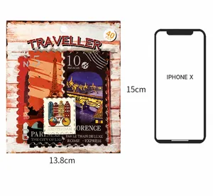 Comparación de tamaño de 40 pegatinas de sellos de viaje junto a la silueta de un iPhone