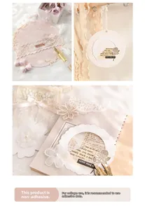 Detailed view of vintage embossed scrapbooking paper with lace edge and floral patterns
