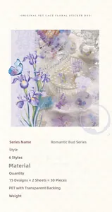 Close-up of Romantic Bud series PET floral stickers with elegant purple flowers