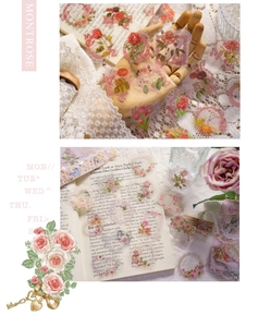 Detail of vintage PET floral stickers featuring roses on a lace and wood aesthetic setting