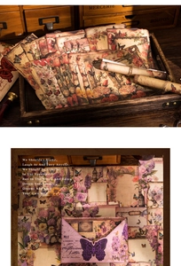 Detail of vintage scrapbooking paper set featuring burnt floral and butterfly motifs