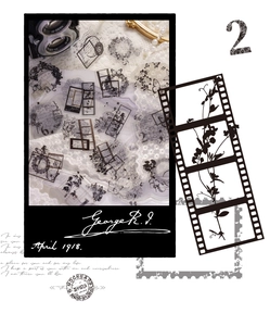 Macro detail of PET floral stickers with vintage film and botanical collage designs