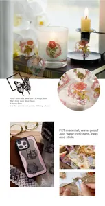 Floral PET stickers on a phone case and candle showing waterproof vintage rose designs