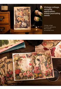 Detail van vintage scrapbooking papier met gebrande randen, bloemmotieven en retro elementen