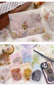 Detail of vintage floral PET stickers set for scrapbooking with 30 pieces