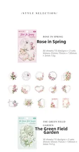Detailed view of botanical PET sticker packs showing vintage floral designs for journaling