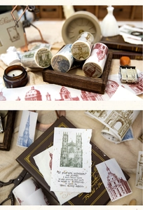 Detalle de las ilustraciones arquitectónicas góticas y románicas en cintas washi