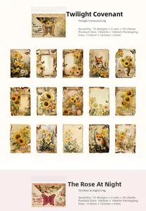 Detailoverzicht van 15 vintage papierontwerpen met bloem- en diermotieven en brandranden