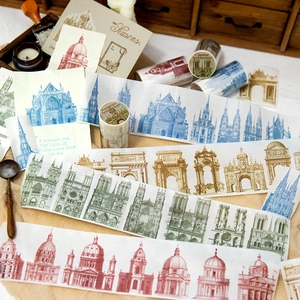 Set de cintas washi vintage con diseños de castillos e iglesias dibujados a mano