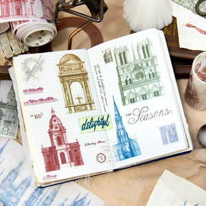 Set de cintas washi vintage con arquitectura de castillos europeos para decorar diarios