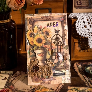 Vintage floral collage material paper with sunflower butterfly laser text and button detail