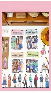 Macro detail of PET deco stickers set featuring fashionable female characters for journaling
