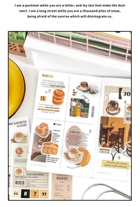 Detail of vintage lifestyle stickers with bakery, coffee, and retro receipt designs