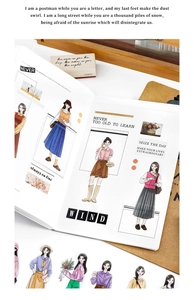 Detailed view of fashionable girl PET stickers applied to a bullet journal with vintage props