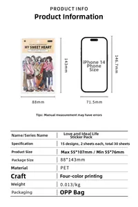 Detailed size comparison of PET stickers set and iPhone 14 including product specifications