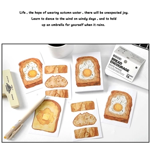 Detail view of bread themed sticky notes featuring toast and baguette illustrations
