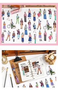Detail of PET stickers showing fashion girls and a pink box for journal DIY
