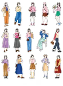 Detail view of 15 diverse fashion girl PET stickers for DIY planner decoration