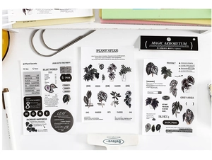 Detailed flat lay of vintage plant stickers for scrapbooking with botanical Alocasia theme